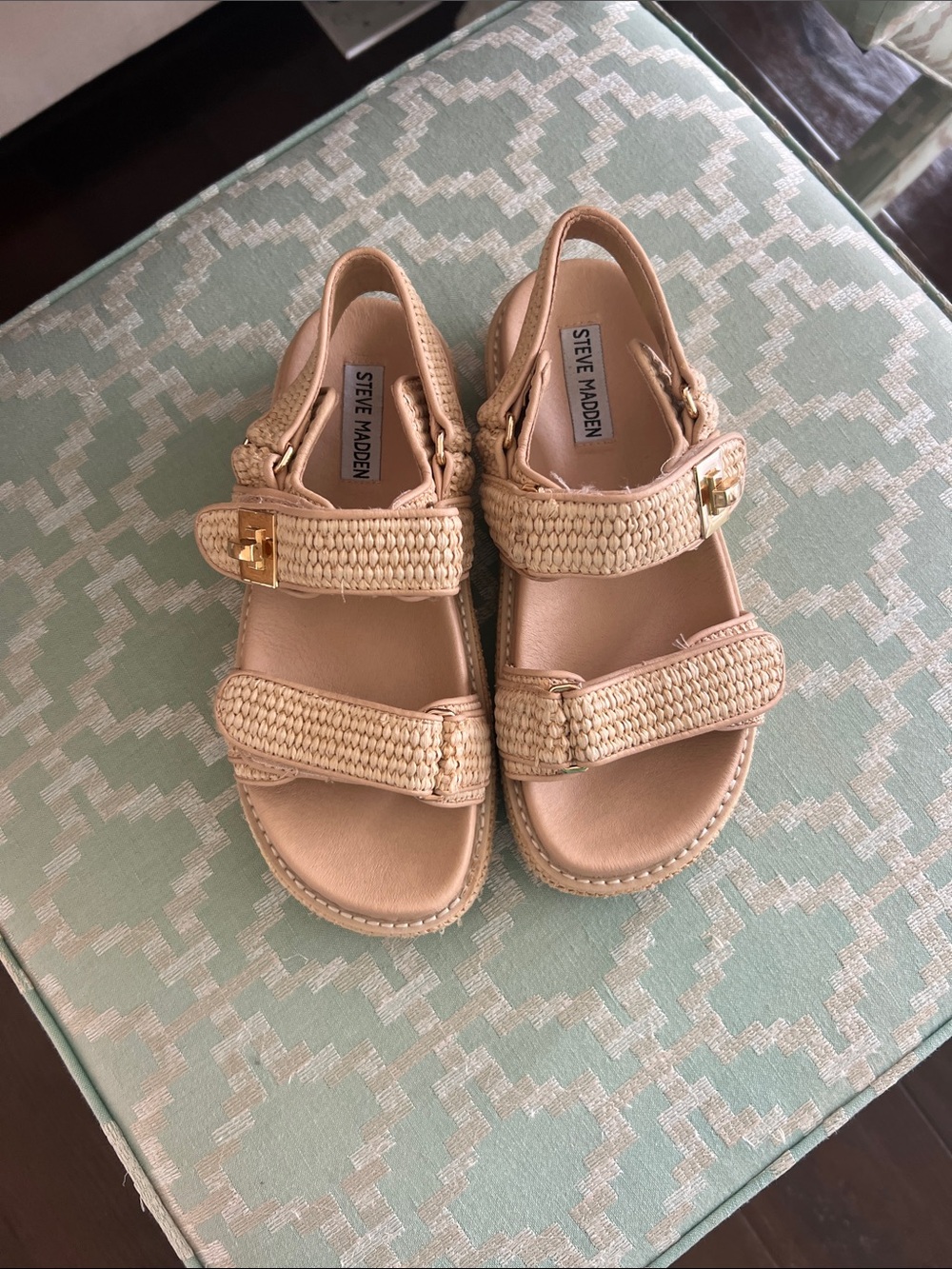 Steve Madden Tan Braided-Strap Sandals with Gold Buckles